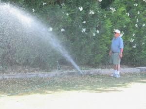 a Concord Sprinkler Repair tech checks the arc of a spray head